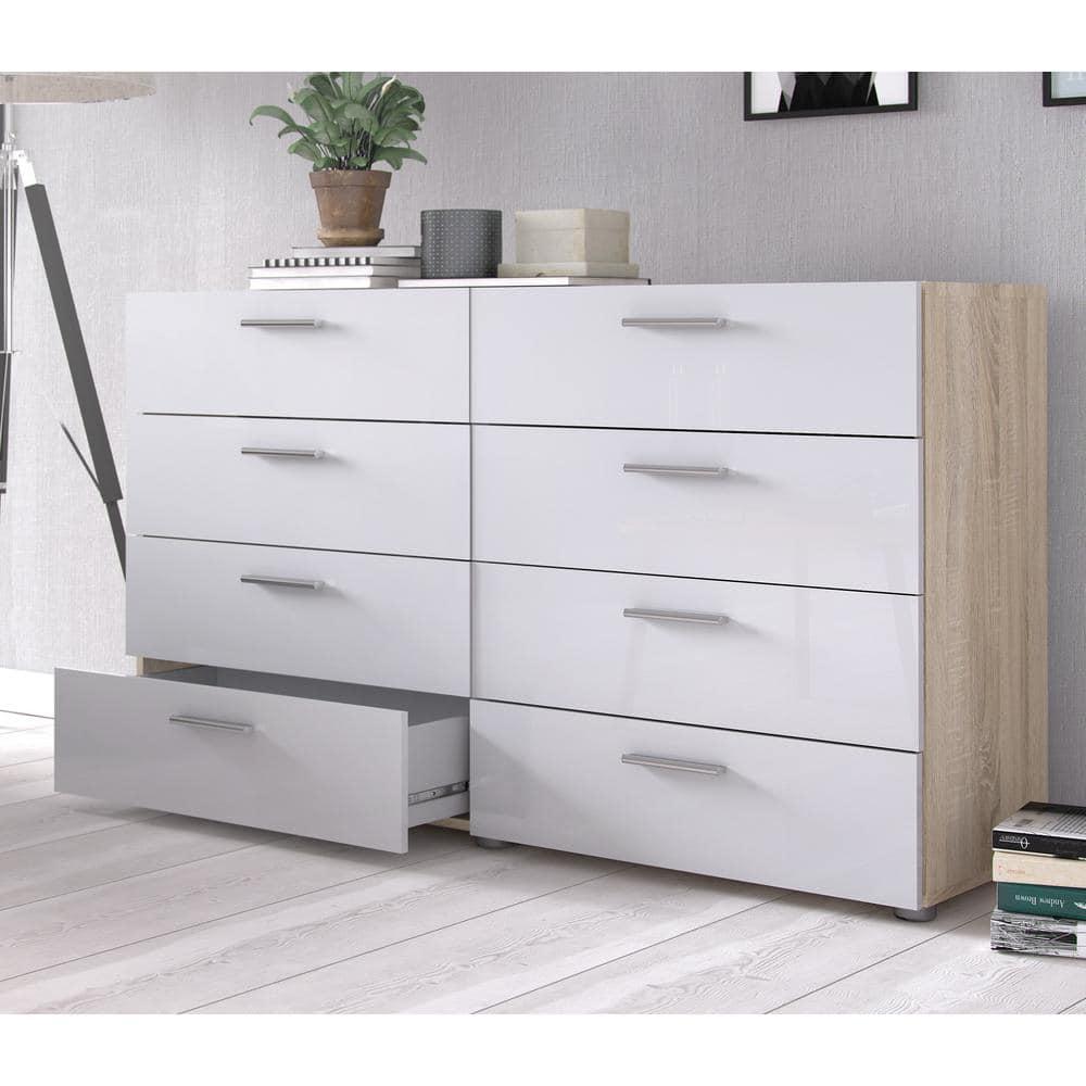 Tvilum Loft 8 Drawer Double Dresser for Adults, Oak Structure and White High Gloss