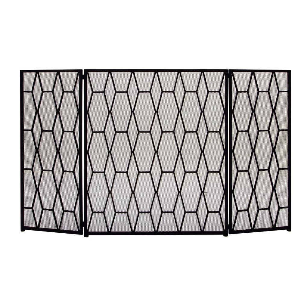 DecMode 51" x 31" Black Metal Foldable 3 Panel Geometric Fireplace Screen with Mesh Netting, 1-Piece