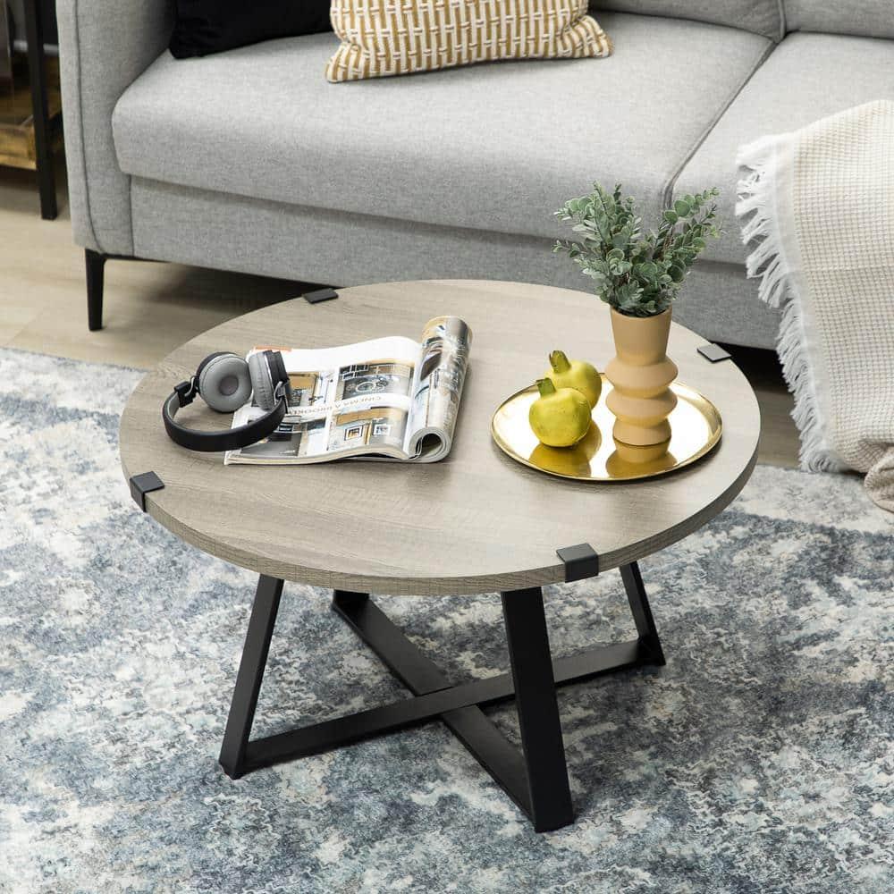 HOMCOM Round Coffee Table, Accent Center Table Steel Legs Living Room Furniture, Wooden Coffee Table, Light Gray