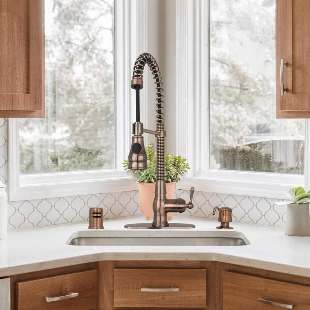 Akicon Pre-Rinse Spring Kitchen Faucet, Single Level with Pull Down Sprayer Copper Copper Finish