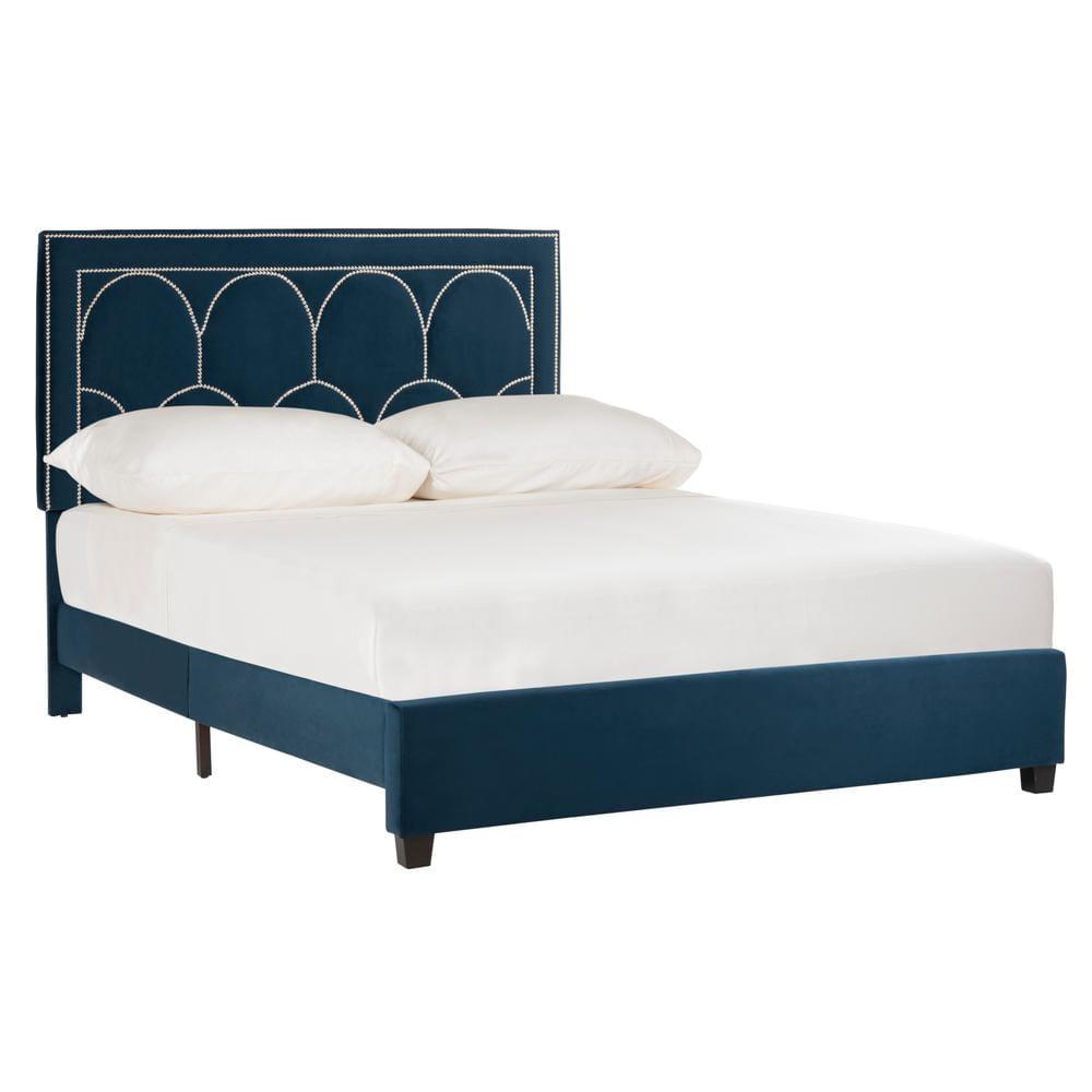 SAFAVIEH Solania Glam Upholstered Bed Frame with Nail Head, Queen, Navy