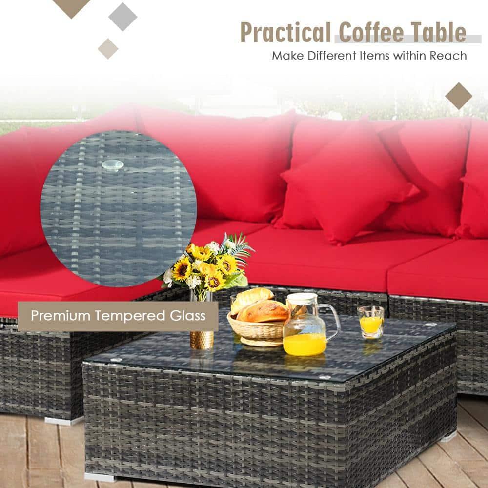 YYAo Garden Conversation Table Set, Conversation Loveseat Chairs Set,7 Pieces Patio Rattan Furniture Set Sectional Sofa Garden Cushion-Red