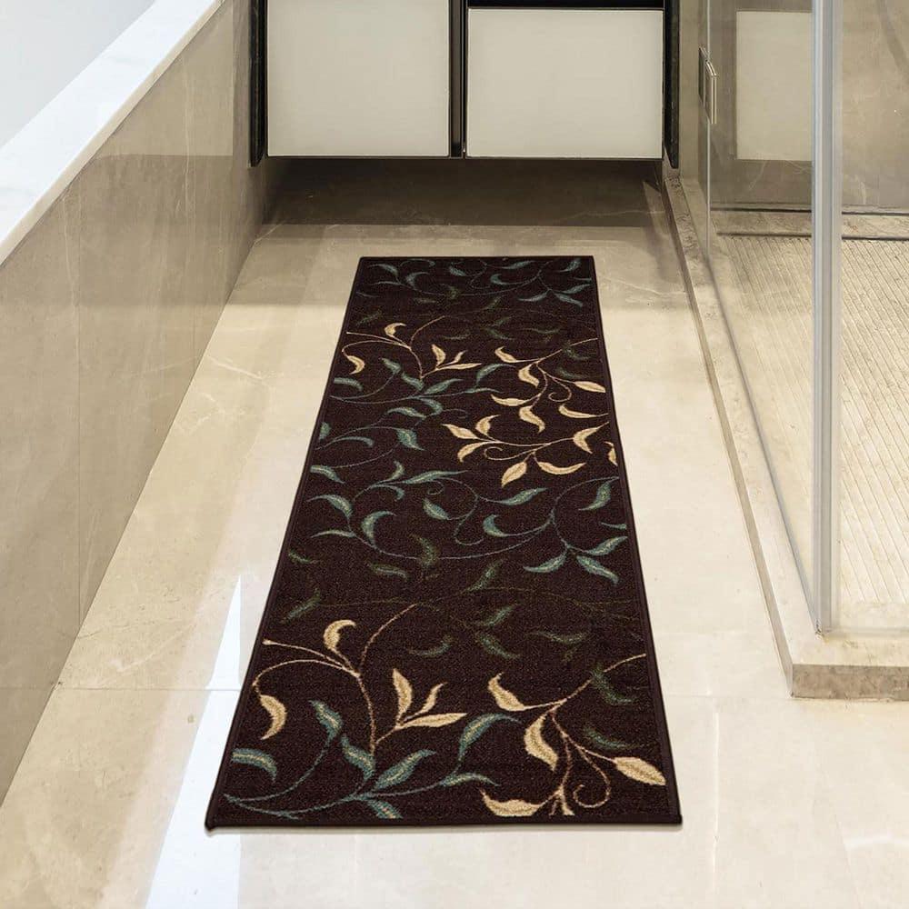 Ottohome Non-Slip Leaves Area Rug For Living Room, Hallway Runner, Entryway Rug, Brown