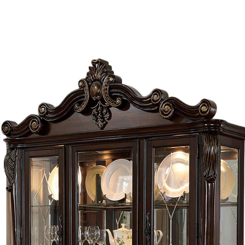 Benjara Zenie Buffet Cabinet and Hutch, Classic Carved, Cherry Brown Solid Wood