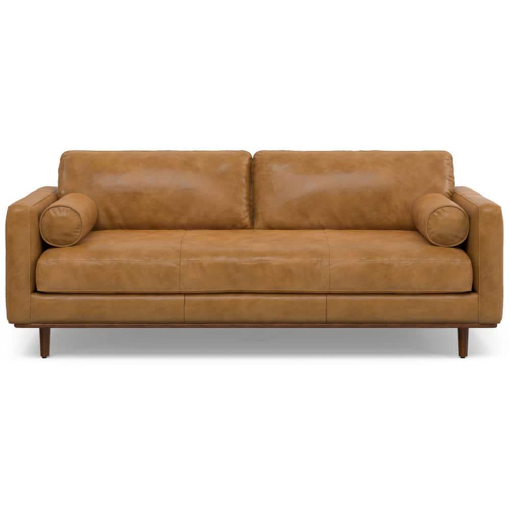 Simpli Home Morrison Genuine Leather Sofa, Mid-Century Modern Couch for Living Room, Handcrafted with Removable Cushions