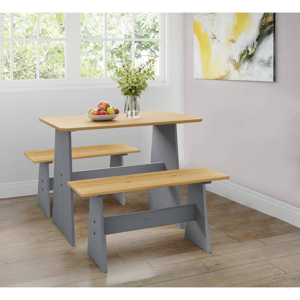 Urban Home Furniture Chapman 3 Piece Casual Dining 2-Tone Natural/Grey Solid Pine Wood Kitchen Table Set with 2 Benches, Kitchen Dining Set