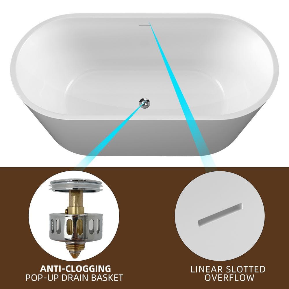 55" Freestanding Soaking Acrylic Bathtub Contemporary Stand Alone Tub with Pop-Up Drain