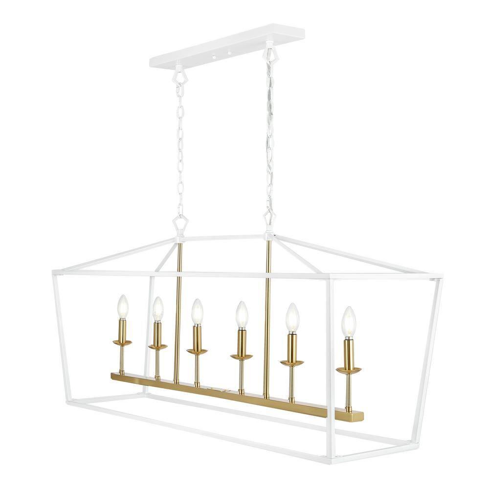 JONATHAN  Y Pagoda 49" Metal Linear Classic Traditional 6 -Light White Farmhouse Lantern Large Hanging Kitchen island light