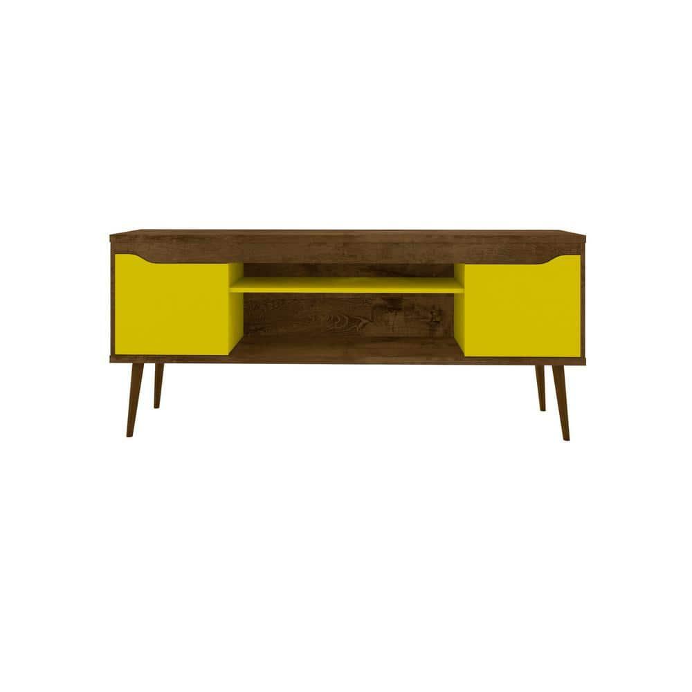 Manhattan Comfort Bradley TV Stand for TVs up to 60" Rustic Brown/Yellow: Mid-Century Modern Media Console with Open Shelves