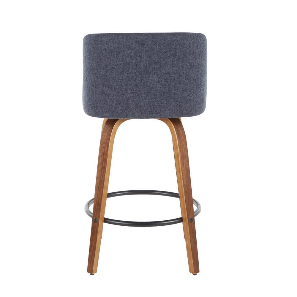 Set of 2 Toriano Mid-Century Modern Counter Height Barstools Walnut/Blue - LumiSource: Swivel, Polyester Upholstery, Wood Legs