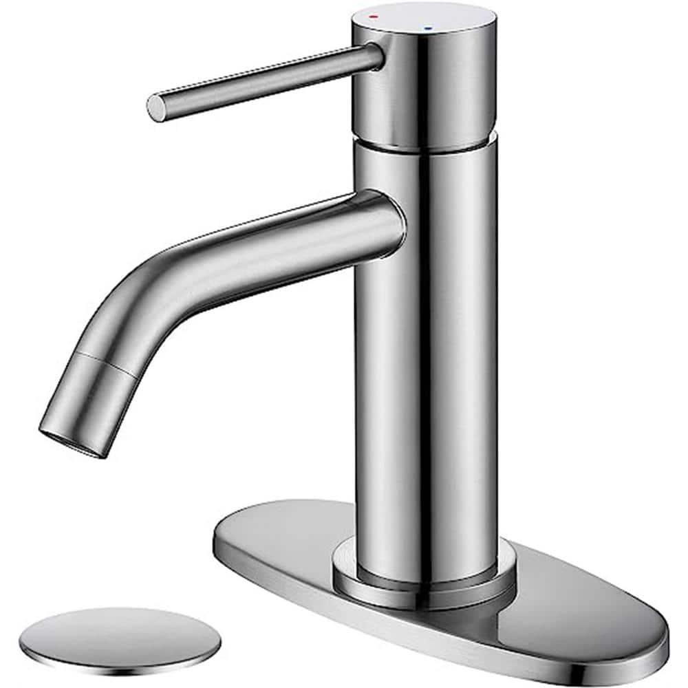 Brushed Nickel Single Hole Bathroom Faucets Single Handle, JXMMP Brushed Bathroom Vanity Sink Faucet with Pop Up Drain Assembly and 6 inch Deck Plate