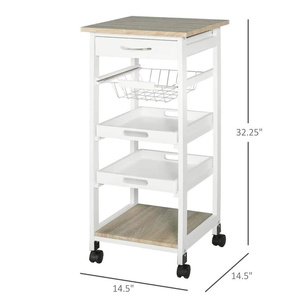 HOMCOM Mobile Rolling Kitchen Island Trolley Serving Cart with Underneath Drawer & Slide-Out Wire Storage Basket, White