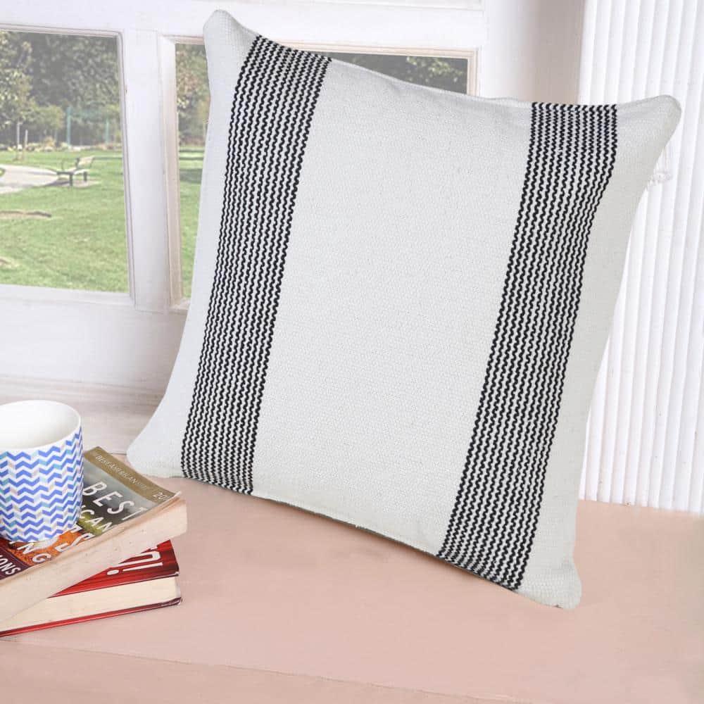 Ox Bay 20" x 20" Modern, Farmhouse, Coastal White, Black, Multi-color Stripes Cotton Throw Pillow , Zip Closure