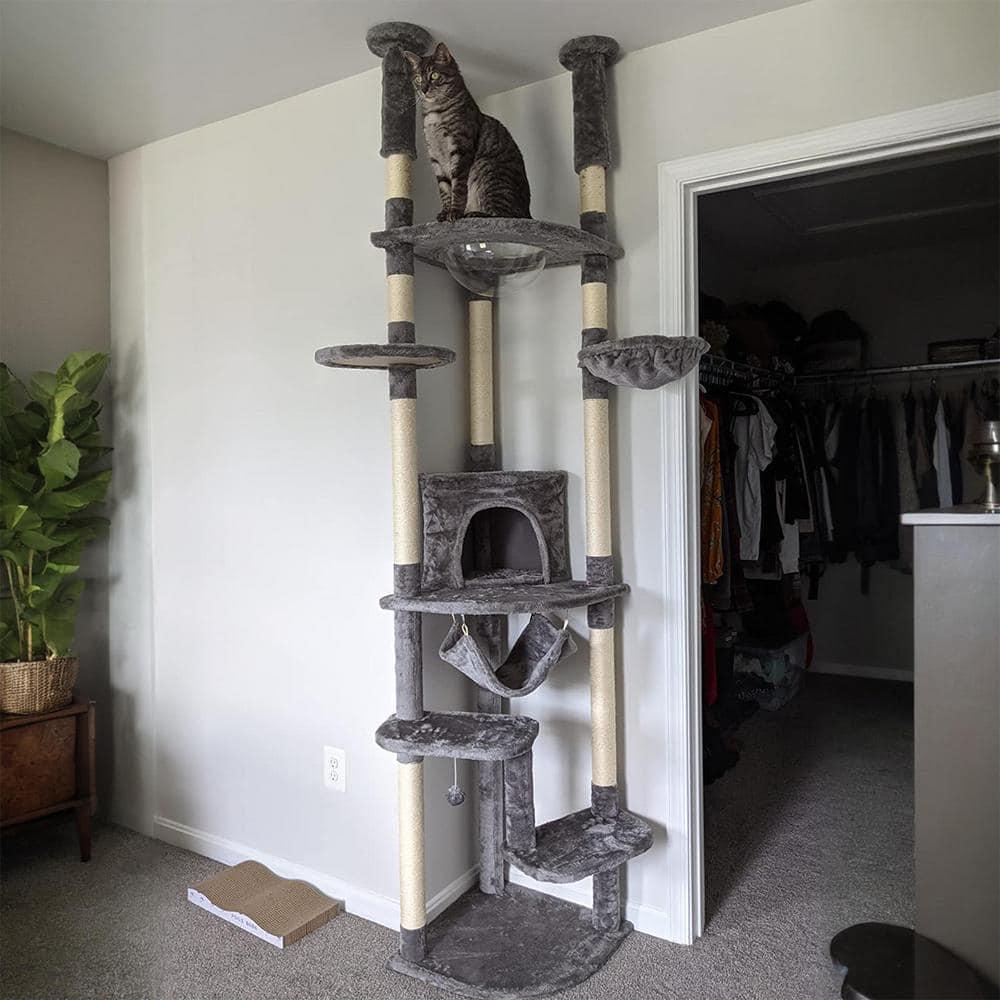 PEQULTI Floor to Ceiling Cat Tree 92.9’’-101.6’’ Height Adjustable Cat Tower Tall Kitty Climbing Play House with Scratching Posts, Cozy Condo, Perches and Large Hammock for Indoor Cats Gray