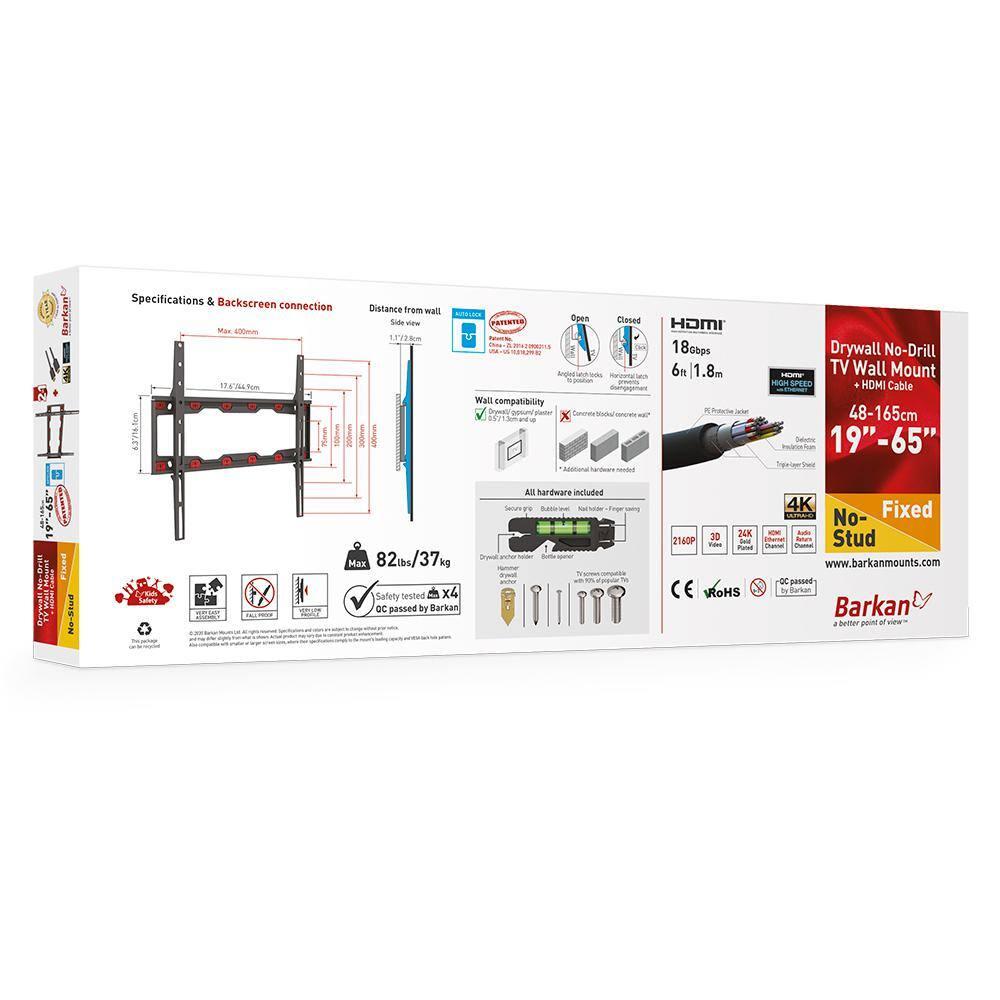 Barkan TV Wall Mount, 19 - 65 inch Fixed, Drywall No Stud No Drill Screen Bracket, Holds up to 82lbs, Auto Lock Patented, Fits LED OLED LCD, 6 ft 4K HDMI Cable Included