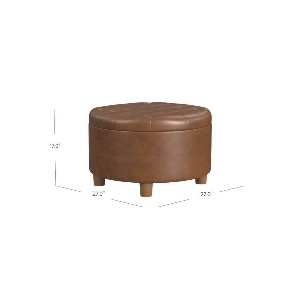 HomePop Tufted Faux Leather Round Storage Ottoman Brown: Upholstered Traditional Decor, Hardwood Frame