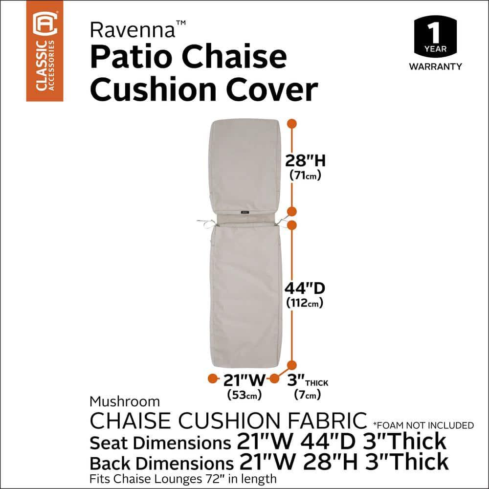 Classic Accessories Ravenna® Patio Chaise Lounge Cushion Slip Cover - Durable Outdoor Cushion, Mushroom, 72"L x 21"W x 3"Thick