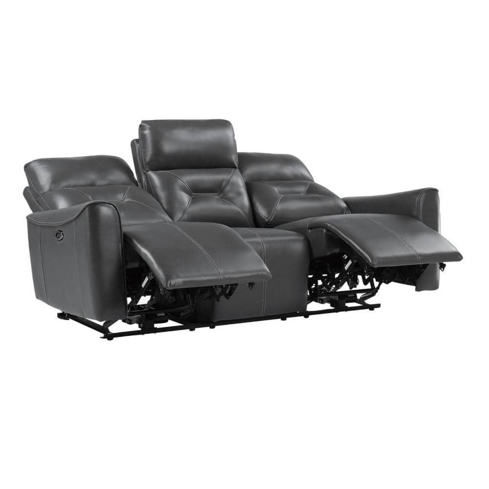 Well 82 Inch Power Double Recliner Sofa, Dark Gray Faux Leather, Wood