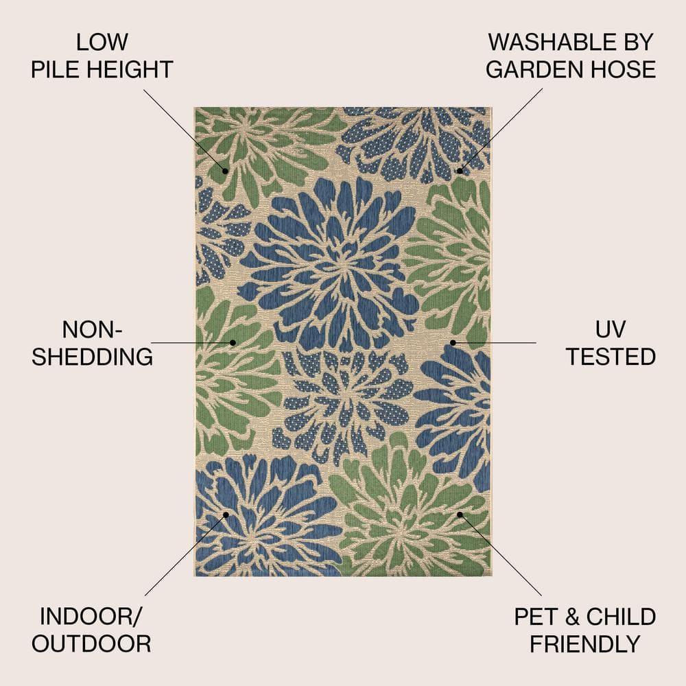 9' X 12' Zinnia Modern Floral Textured Weave Indoor/Outdoor Area Rug, Navy/Green - JONATHAN Y