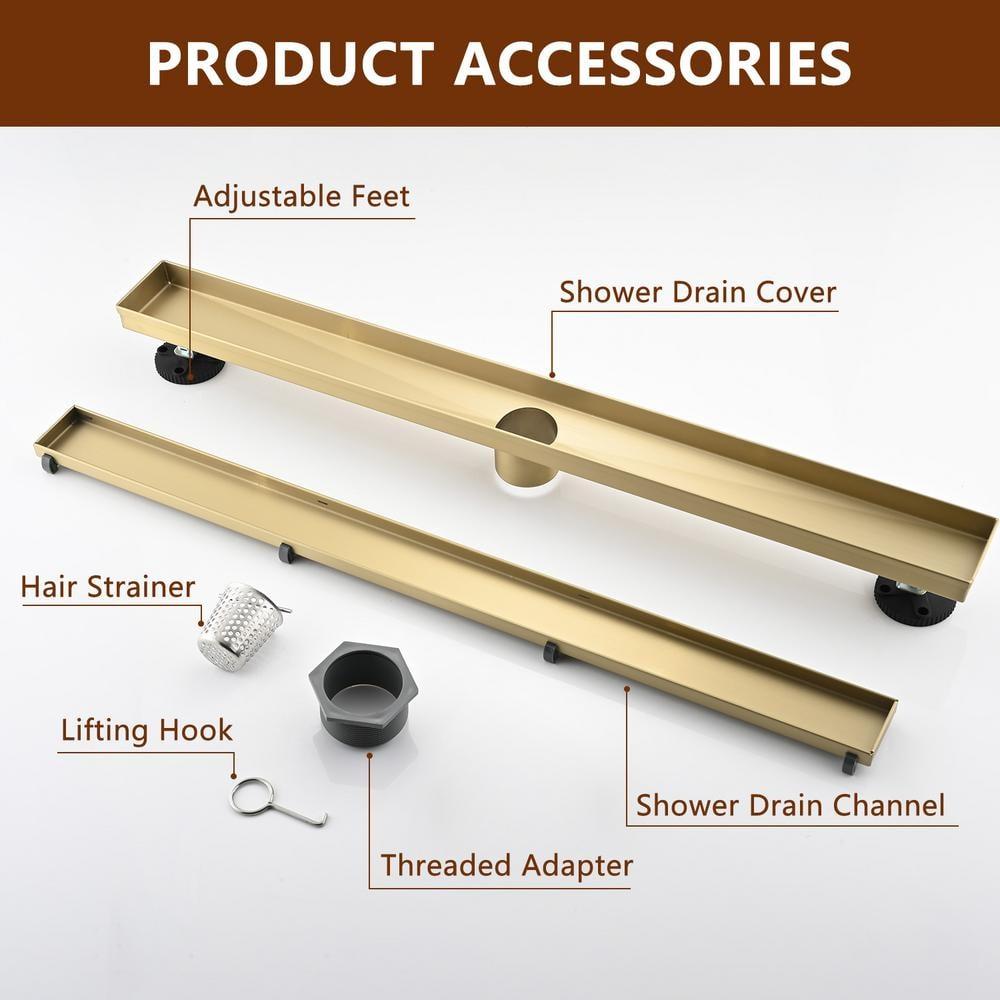 Linear Shower Floor Drain, Brushed Gold 30 Inch 304 Stainless Steel Bathroom Drains Kit, Rectangular Shower Trench Drain with Reversable Tile-in Pattern Drain Cover & Hair Catcher