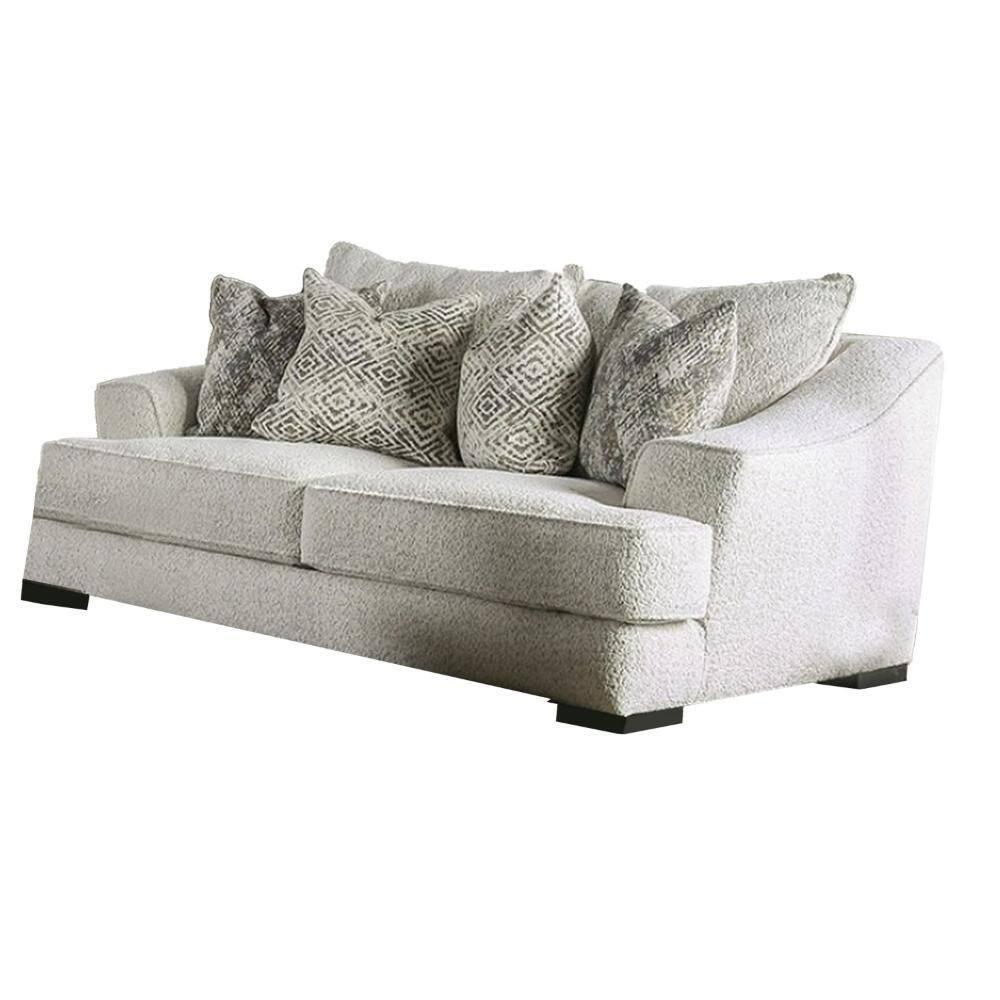 Benjara Syma Loveseat, Ivory Boucle, 4 Throw Pillows, Track Arms, 84 Inch