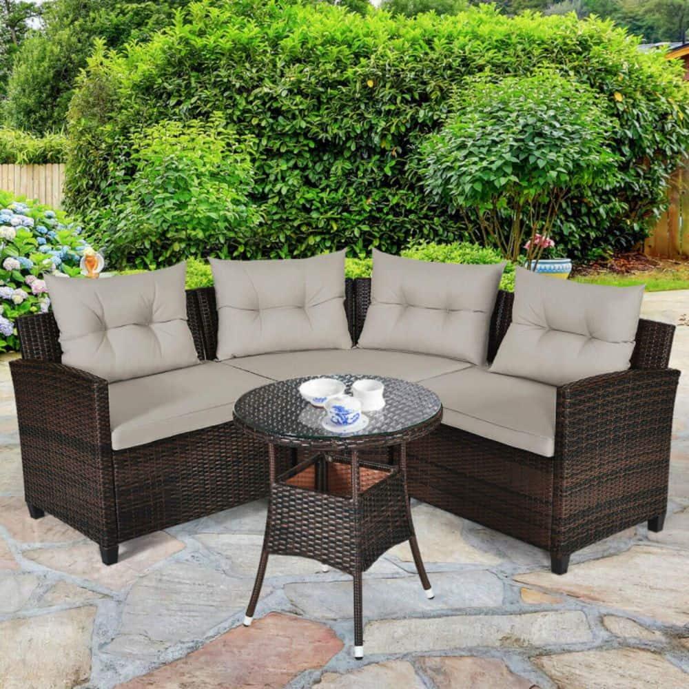 Patiojoy 4PCS Outdoor Patio Conversation Set Wicker Rattan Sectional Sofa