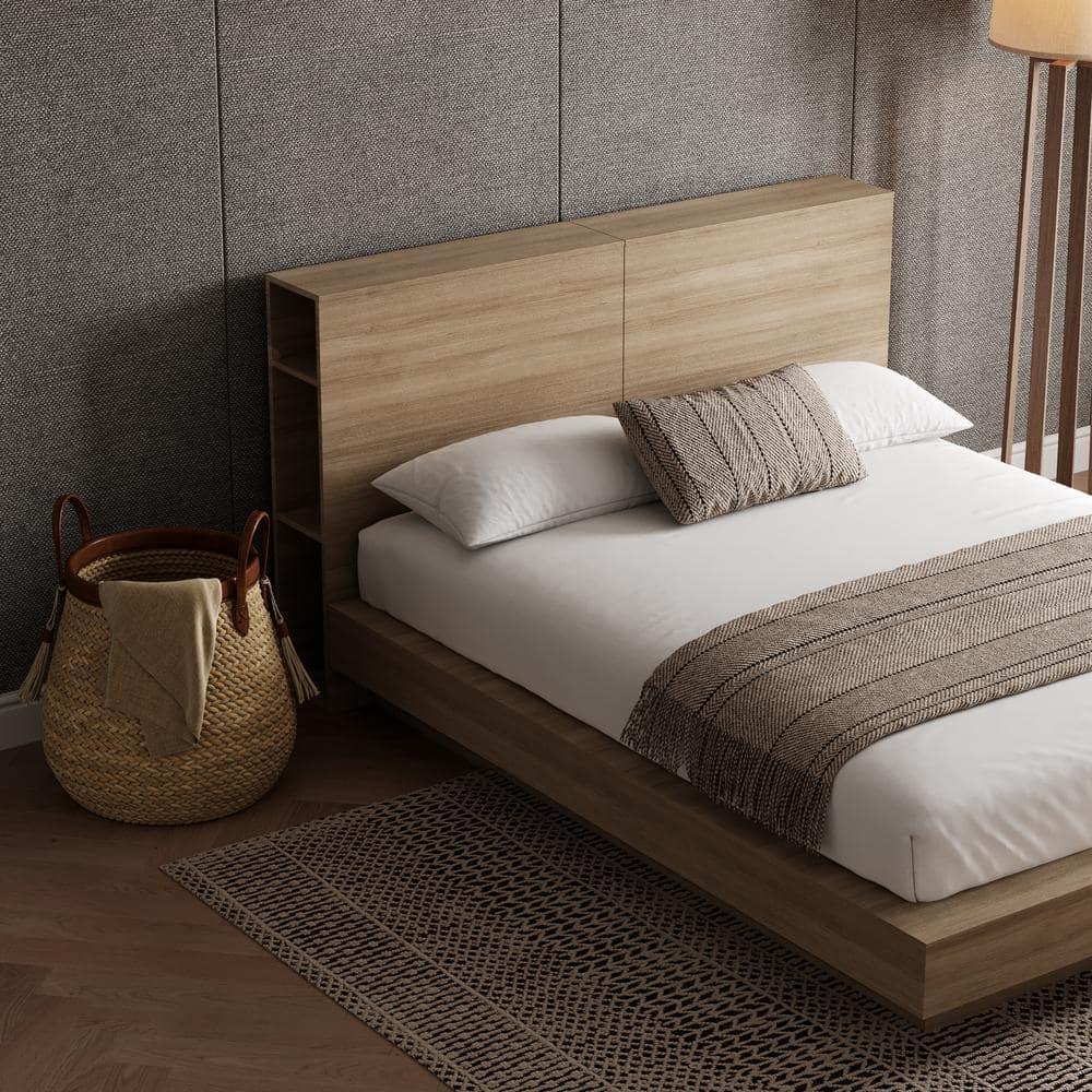 Nexera Queen Marconi Platform Bed Set Brown Oak: Modern Style, Wood Composite, Storage Headboard