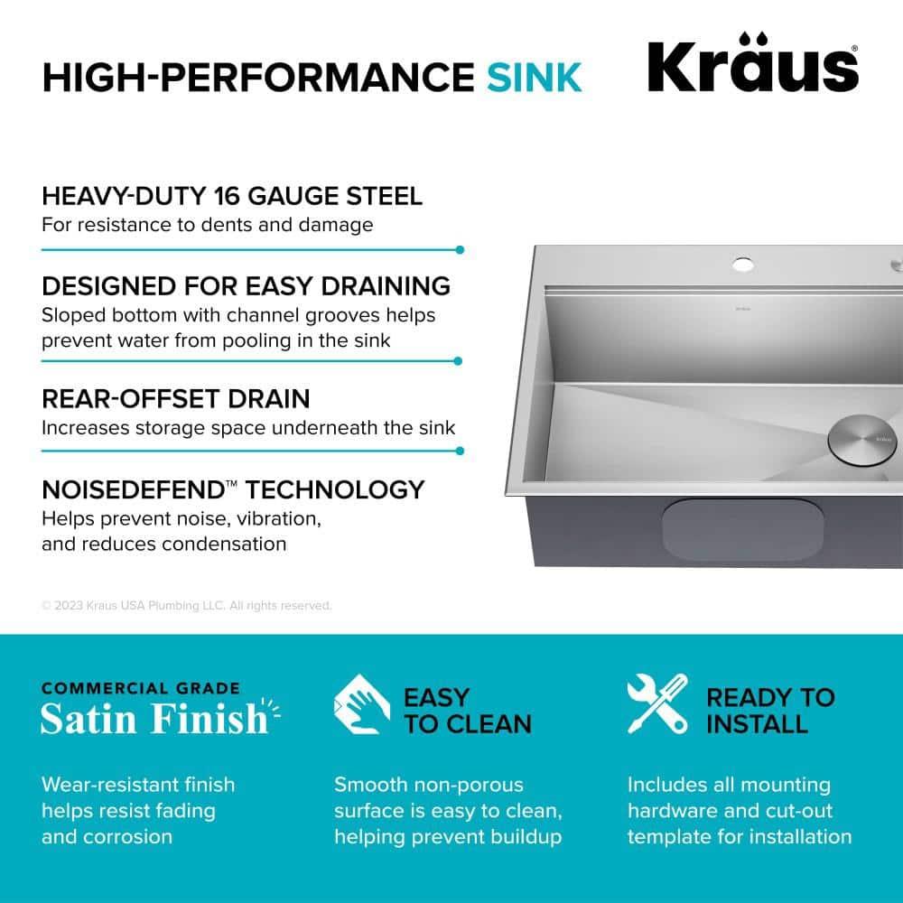 KRAUS Kore Drop-In Workstation 16 Gauge Stainless Steel Single Bowl Kitchen Sink with Accessories