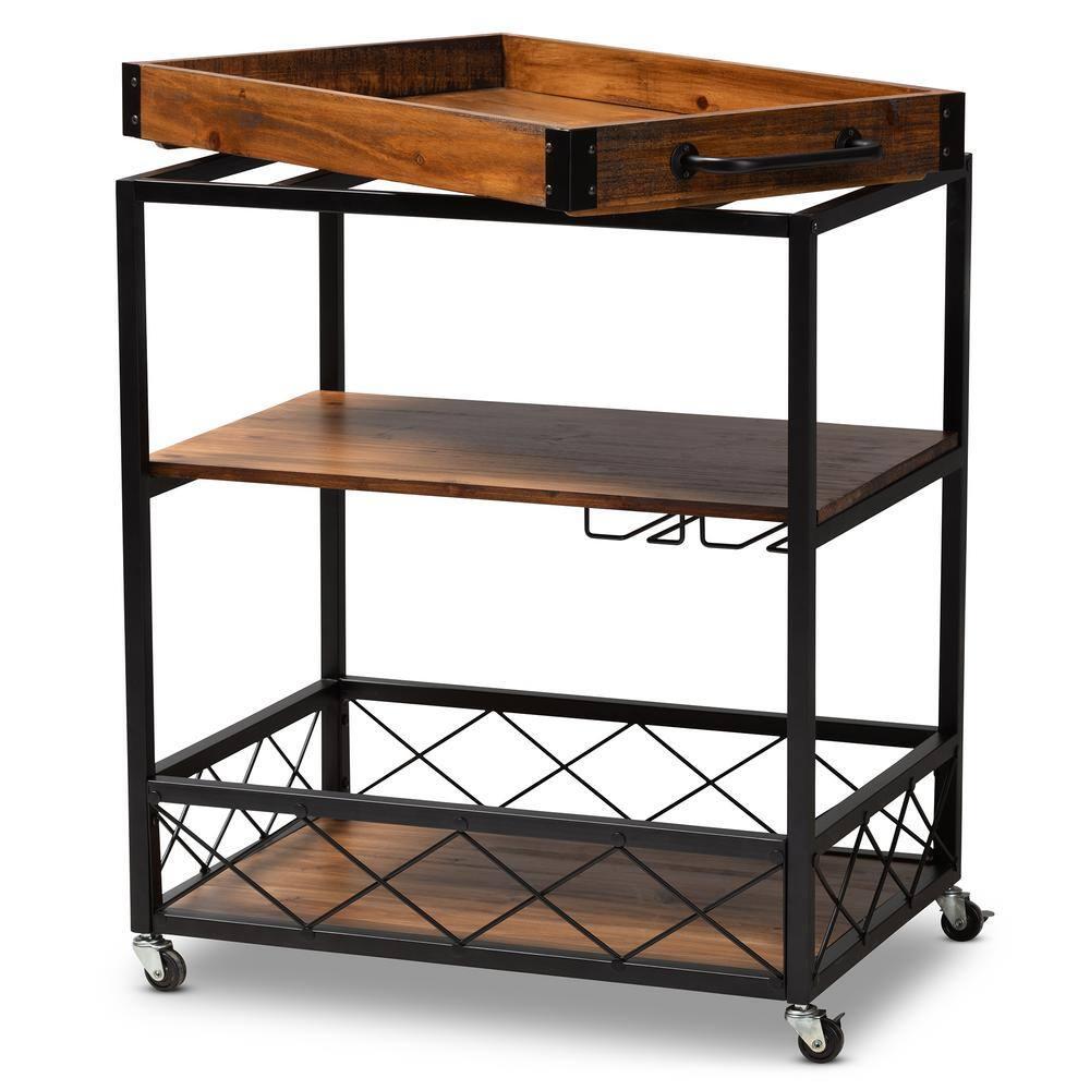 Livi Homes Paloma Mobile Metal Bar Cart with Stemware Rack in Vintage Rustic Industrial Oak Brown and Black