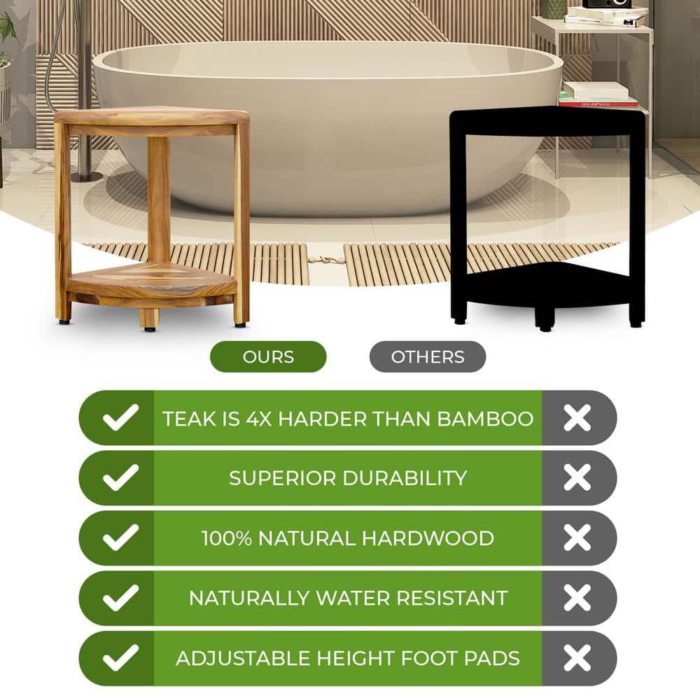 12" SnazzyCorner ED980 Wide Teak Shower Bench with Shelf - EcoDecors