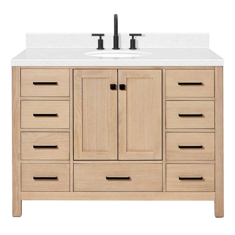 ARIEL Cambridge 48 Inch Single Oval Sink Bathroom Vanity With Carrara White Quartz Countertop 1.5 Inch Edge In Oak