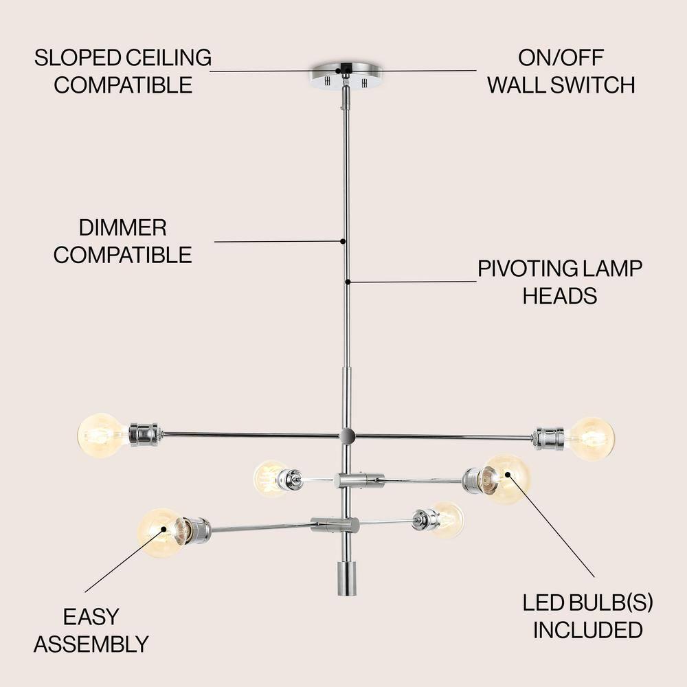 Atlas 36" 6-Light Modern Vintage Iron Arm-Adjustable LED Chandelier, Chrome