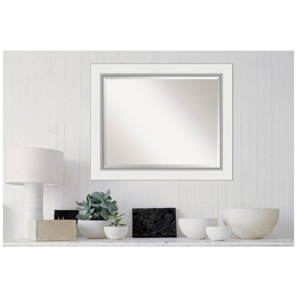 Amanti Art 33" x 27" Eva White Silver Framed Bathroom Vanity Wall Mirror: Modern Rectangular, Wall-Mounted, Beveled Glass