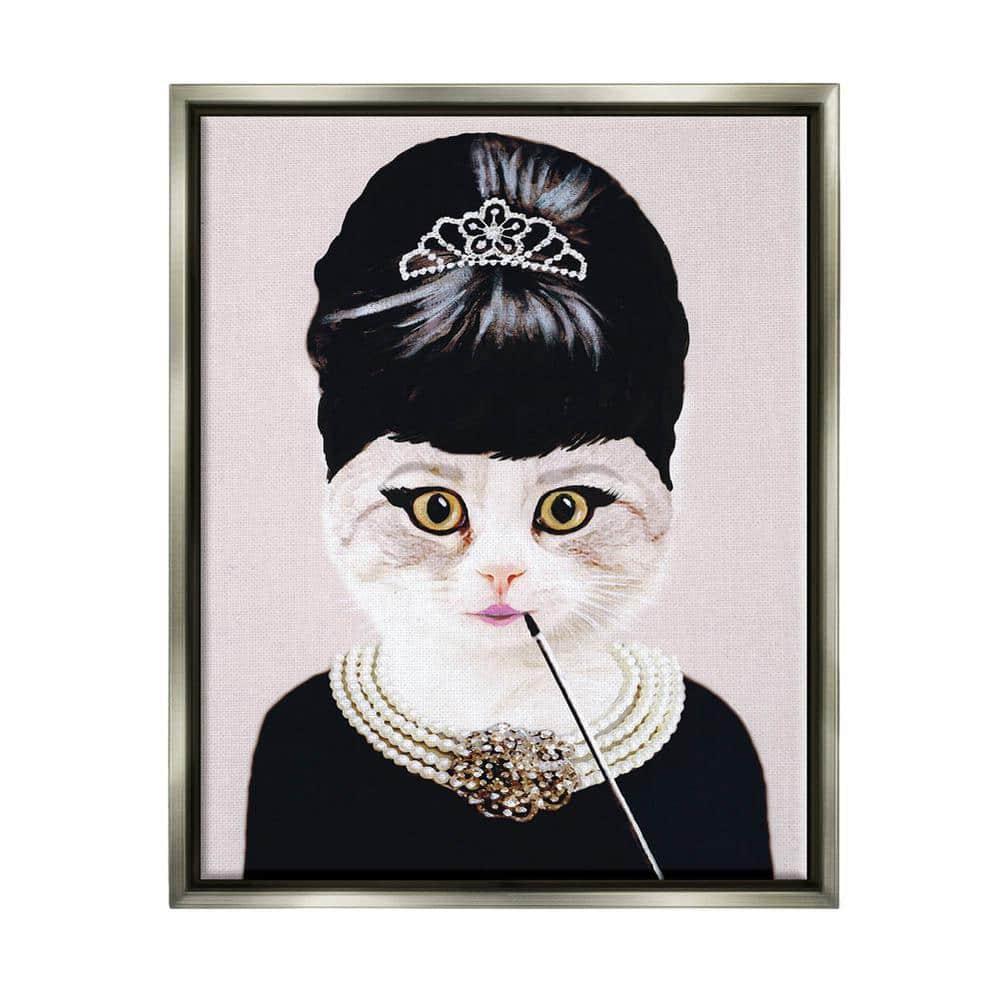 Stupell Industries Fashion Feline Jewelry And Makeup Cat Luster Gray Framed Floating Canvas Wall Art, 16x20, by Coco de Paris