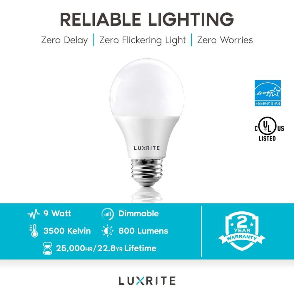 Luxrite A19 LED Bulb 60W Equivalent, 3500K Natural White, 800 Lumens, Dimmable, 9W, Enclosed Fixture Rated, E26 Medium Base 6 Pack