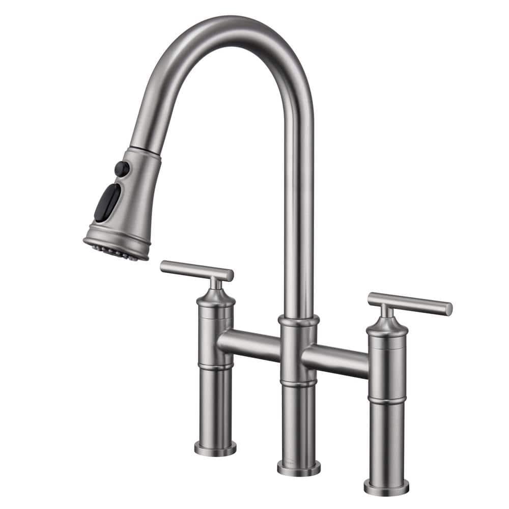 Double Handle Bridge Pull-Down Kitchen Faucet with 3-Spray Patterns and 360 Degrees Rotation Spout in Brushed Nickel