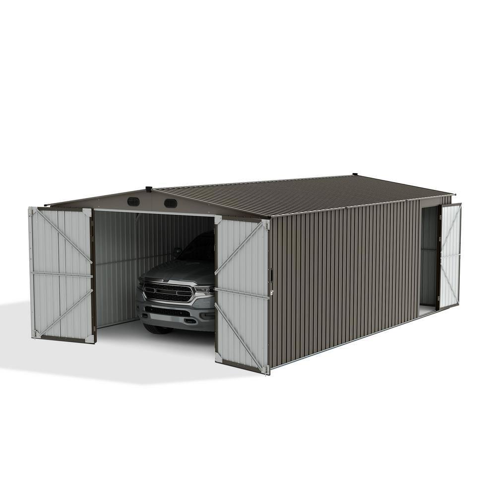 Sunjoy Outdoor Storage Shed 13 x 20 ft. Carport, Patio Metal Utility Large Storage Shed Garage with 2 Doors and 4 Vents, for Car, Truck, Bike, Garbage Can, Tool, Lawnmower