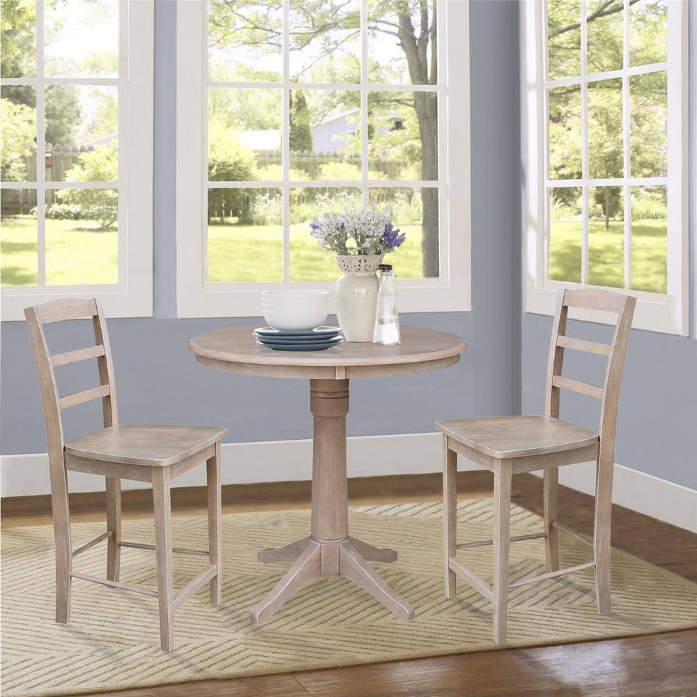 Round Top 36" x 36" Solid Wood Pedestal Dining Table in Washed Gray Taupe