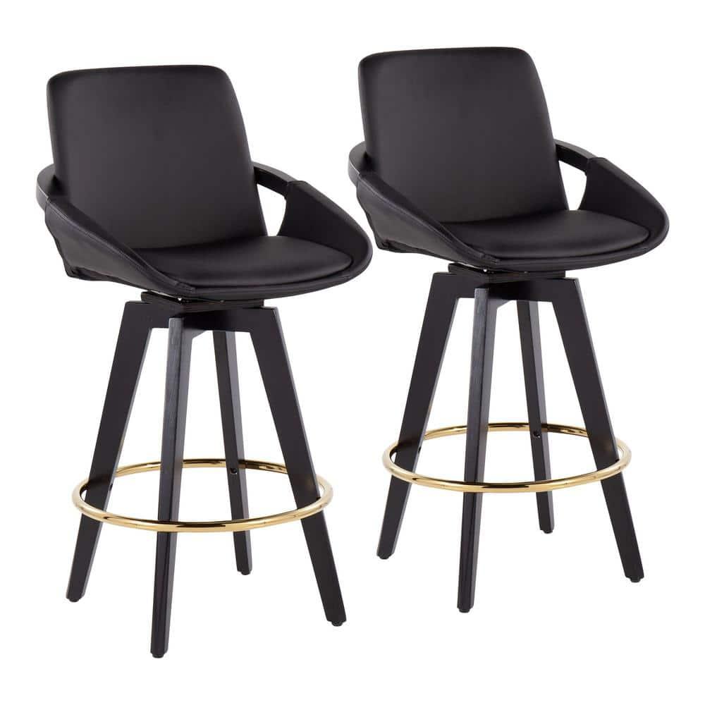 Set of 2 Cosmo PU Leather/Metal/Wood Counter Height Barstools Black/Gold - LumiSource: Swivel Seat, Fixed Height