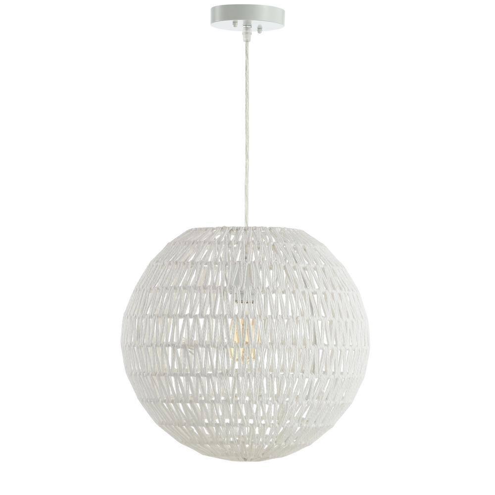 Luna 15.75" 1-Light Bohemian Modern Woven Rattan/Iron LED Pendant, White