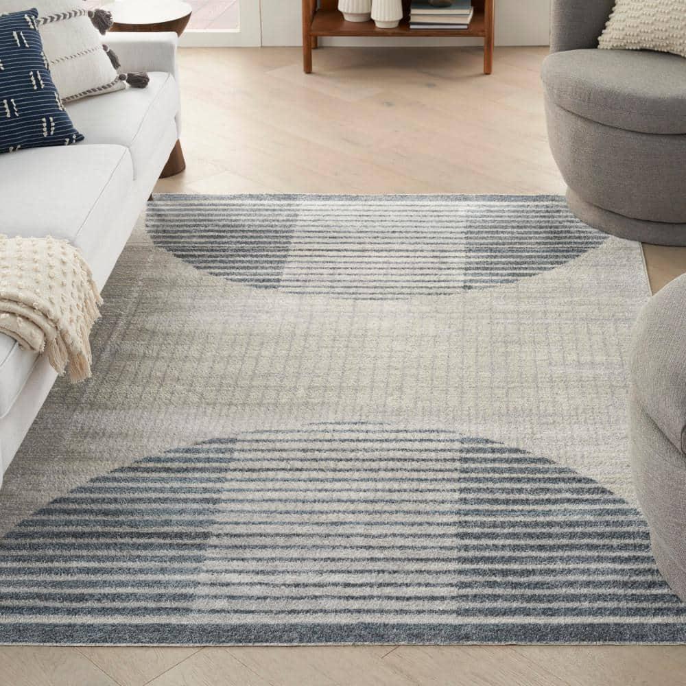 Nourison Astra Machine Washable Semi Circles Mid-Century Modern Indoor Rug Ivory Blue 4' x 6'