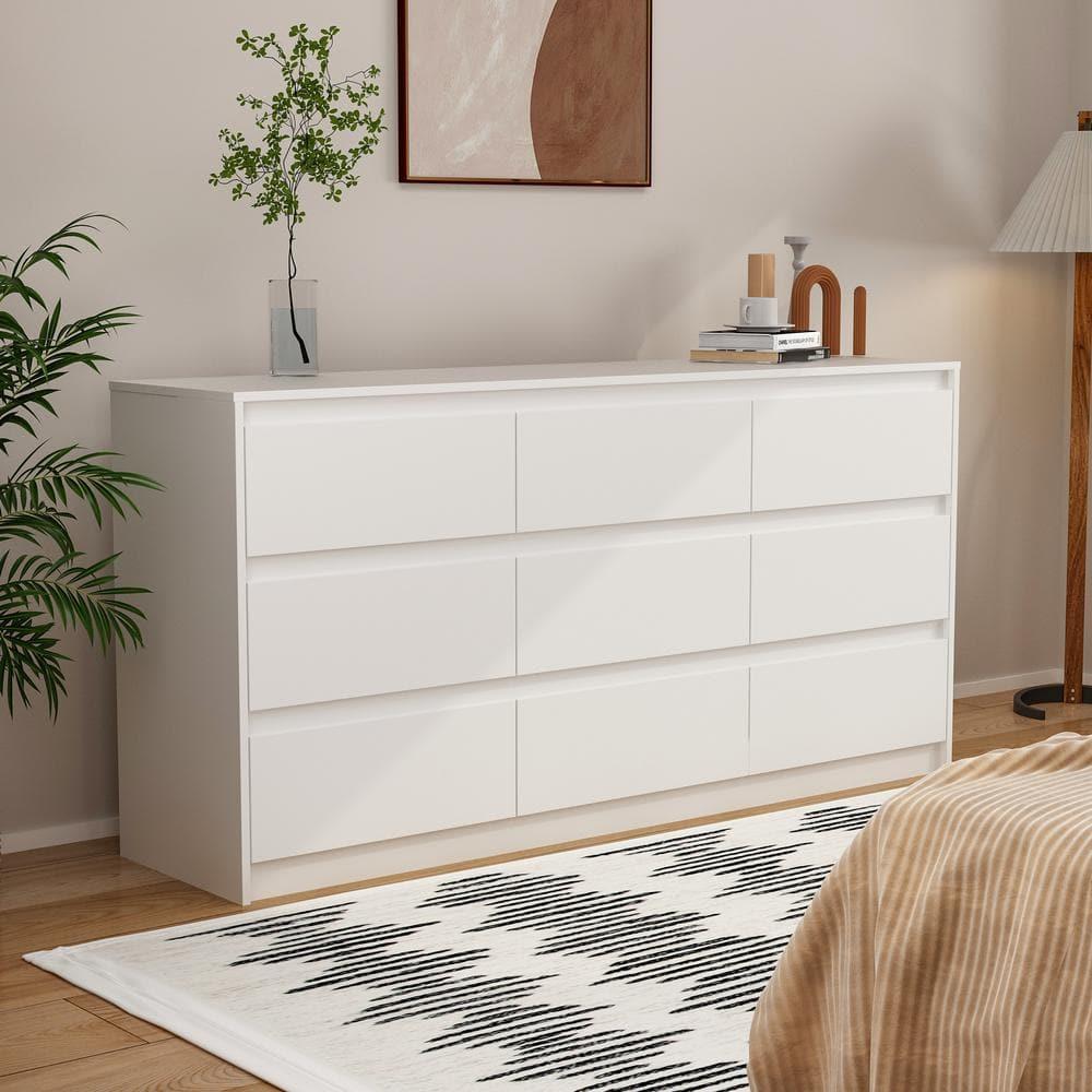 FUFU&GAGA White Modern Dresser for Bedroom 9 Drawers Wood Chest of Drawers