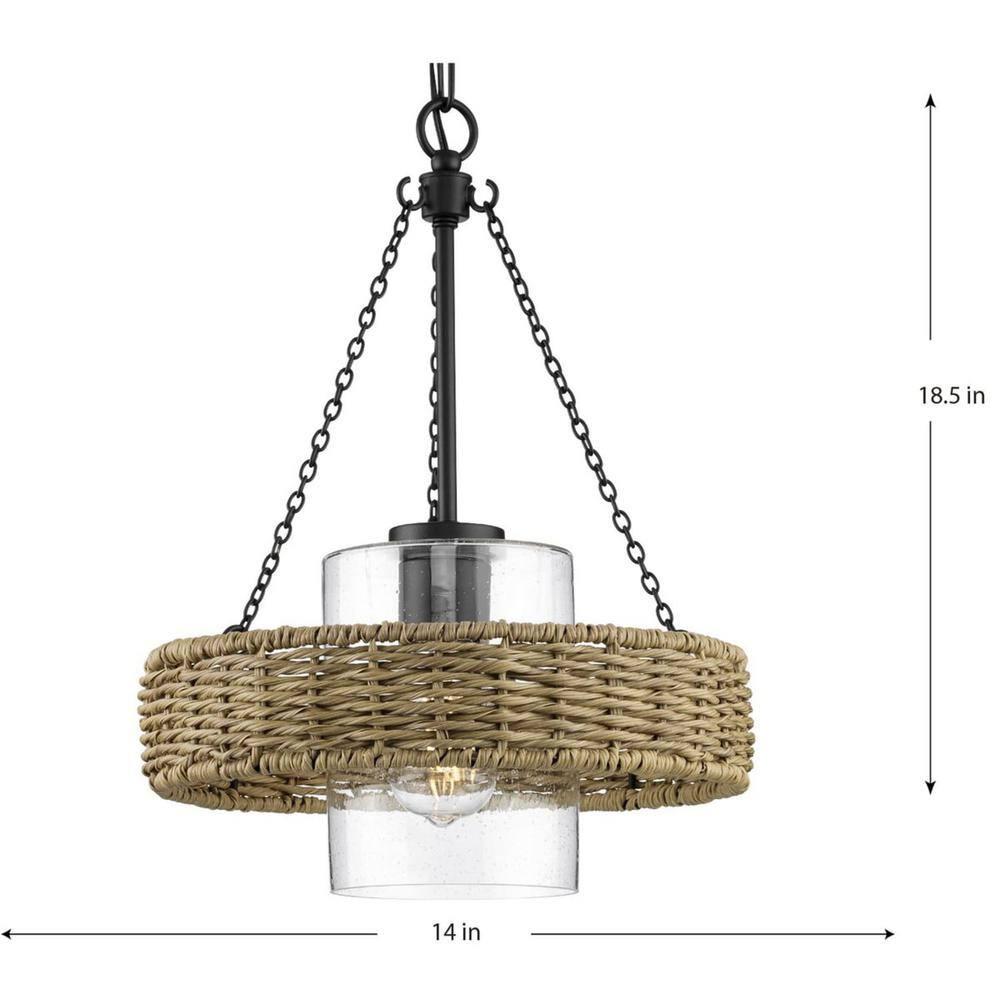 Progress Lighting Pembroke 1-Light Outdoor Wall Light, Matte Black, Rattan and Seeded Glass Shade