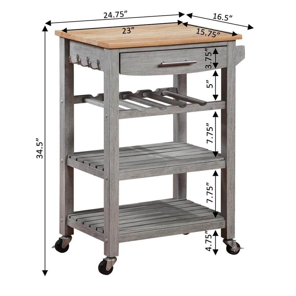 Ellaine Light Gray Solid Wood Butcher Block Kitchen Cart with Wine Rack