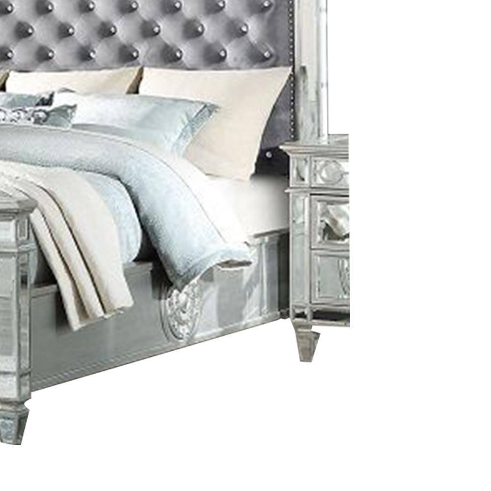 90" Queen Bed Varian Bed Gray Velvet and Mirrored - Acme Furniture