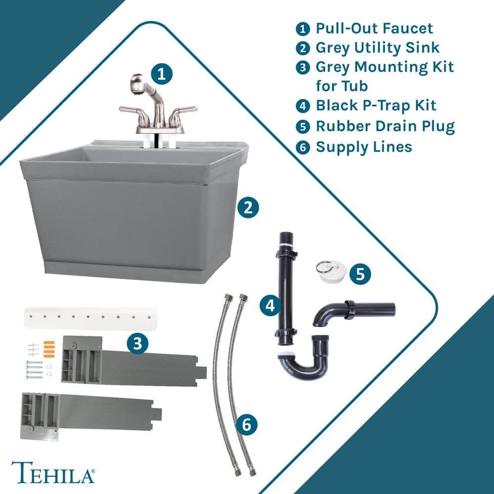 Tehila Wall Mounted Gray Utility Sink with Stainless Finish Pull-out Faucet