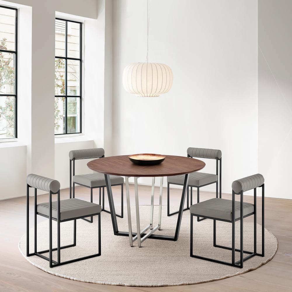 Armen Living 48" Joana Round Brushed Stainless Steel Iron Base with Tabletop Dining Table Black/Walnut