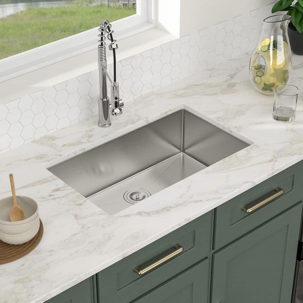 Sarlai 28'' L x 18" W Undermount Single Bowl Stainless Steel Kitchen Sink with Sink Grid and Basket Strainer SU2818R