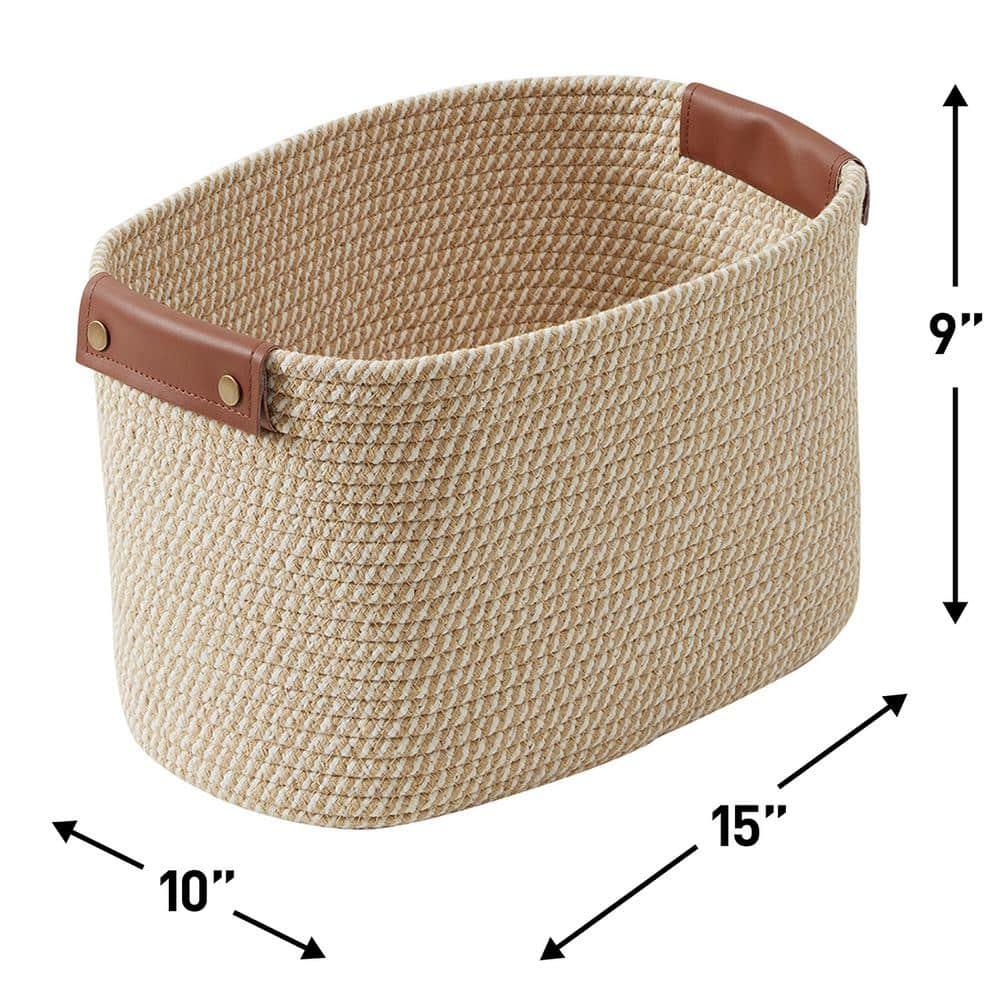Ornavo Home 3 Pack Cotton Rope Shelf Storage Basket with Faux Leather Handles - Multi Brown