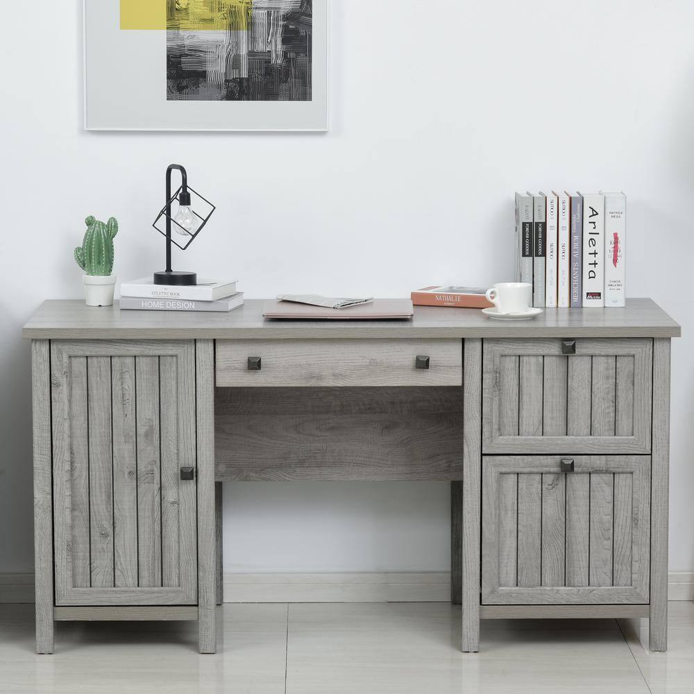 HOMCOM Vintage Executive Computer Desk, Home Office Work station, Student Table with Cabinet & 3 Drawers for Hanging Files, gray